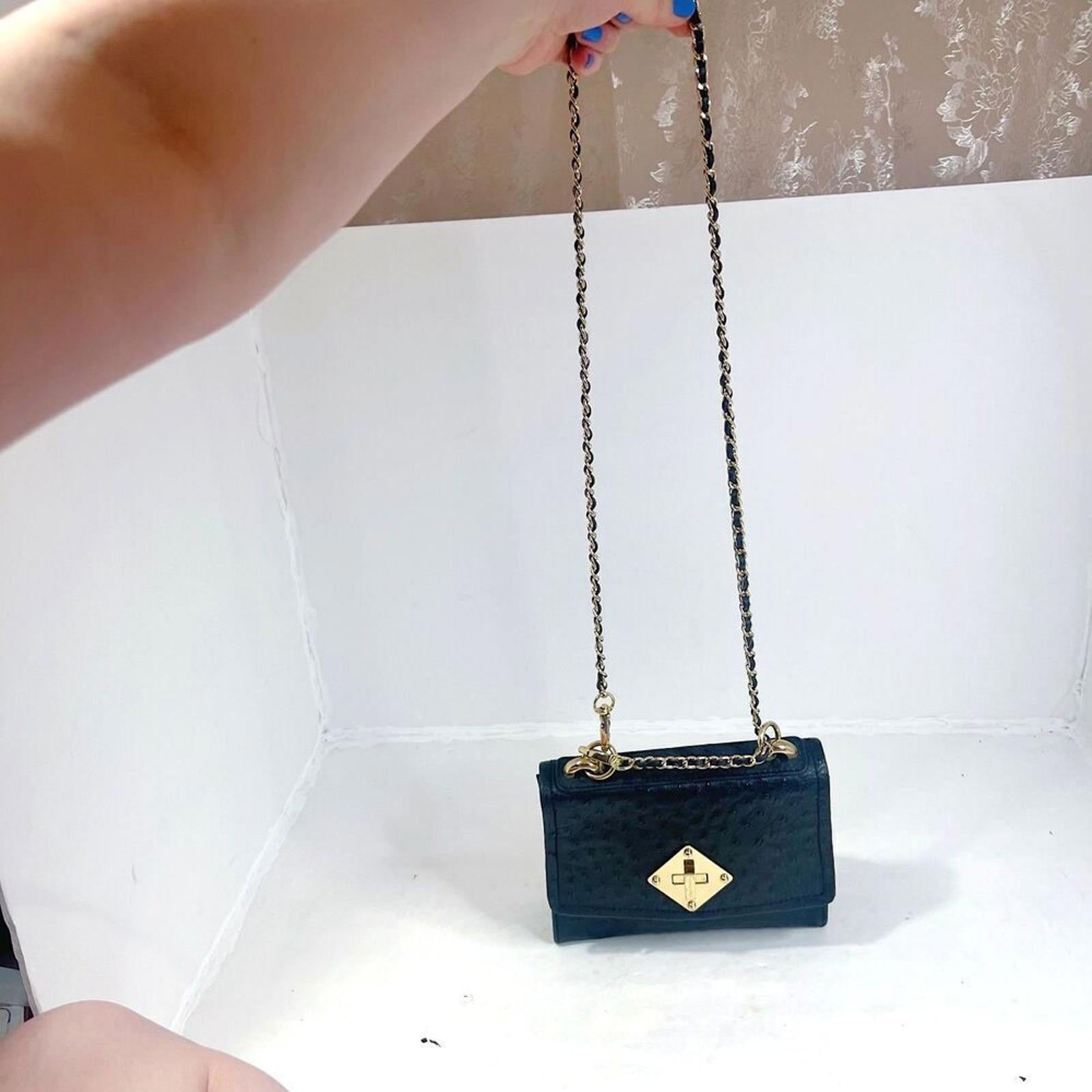 Vintage Tocco Toscano Black Ostrich Leather Structured Crossbody Bag Gold Chain