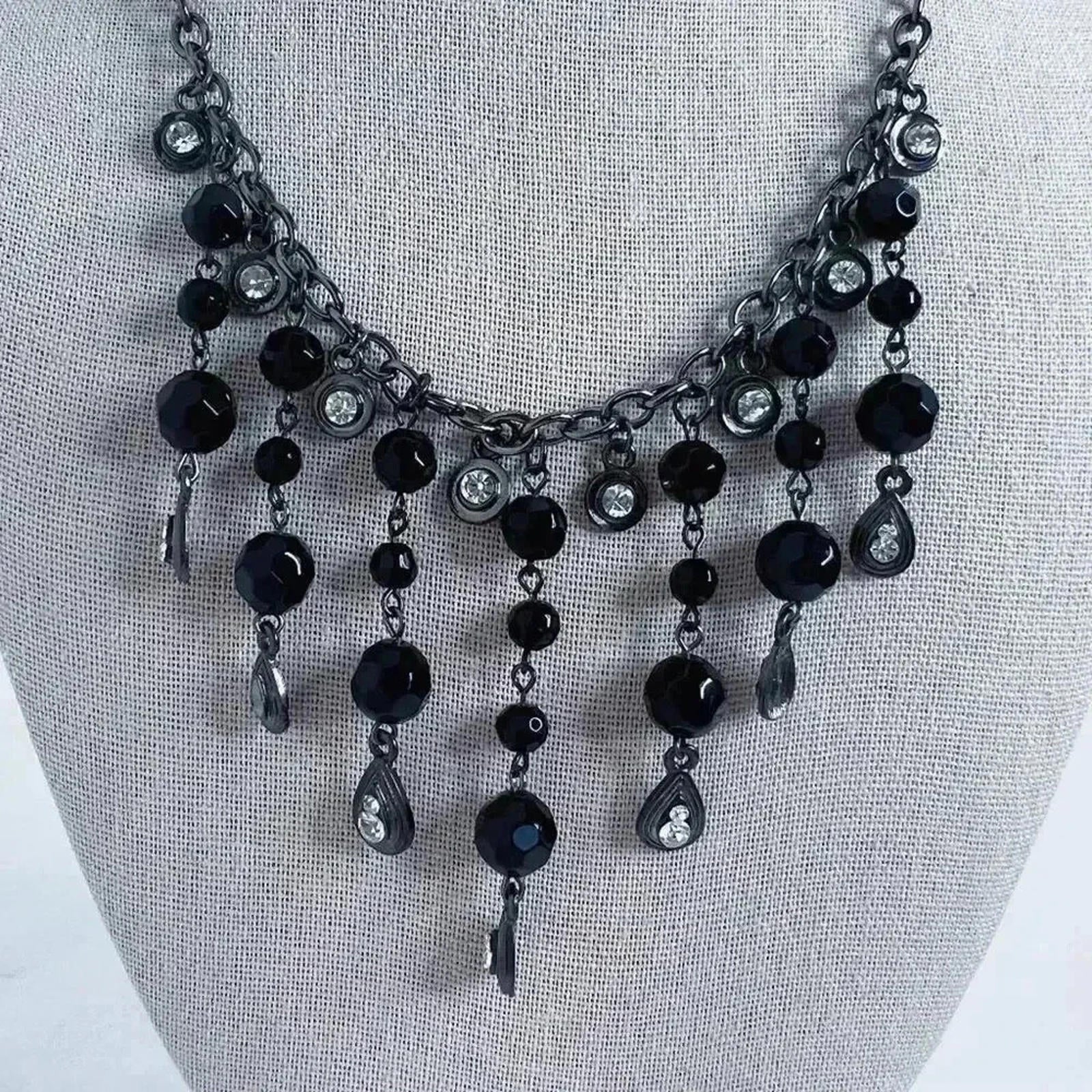 Gunmetal Teardrop Necklace Black Beads Rhinestones Bohemian Chic