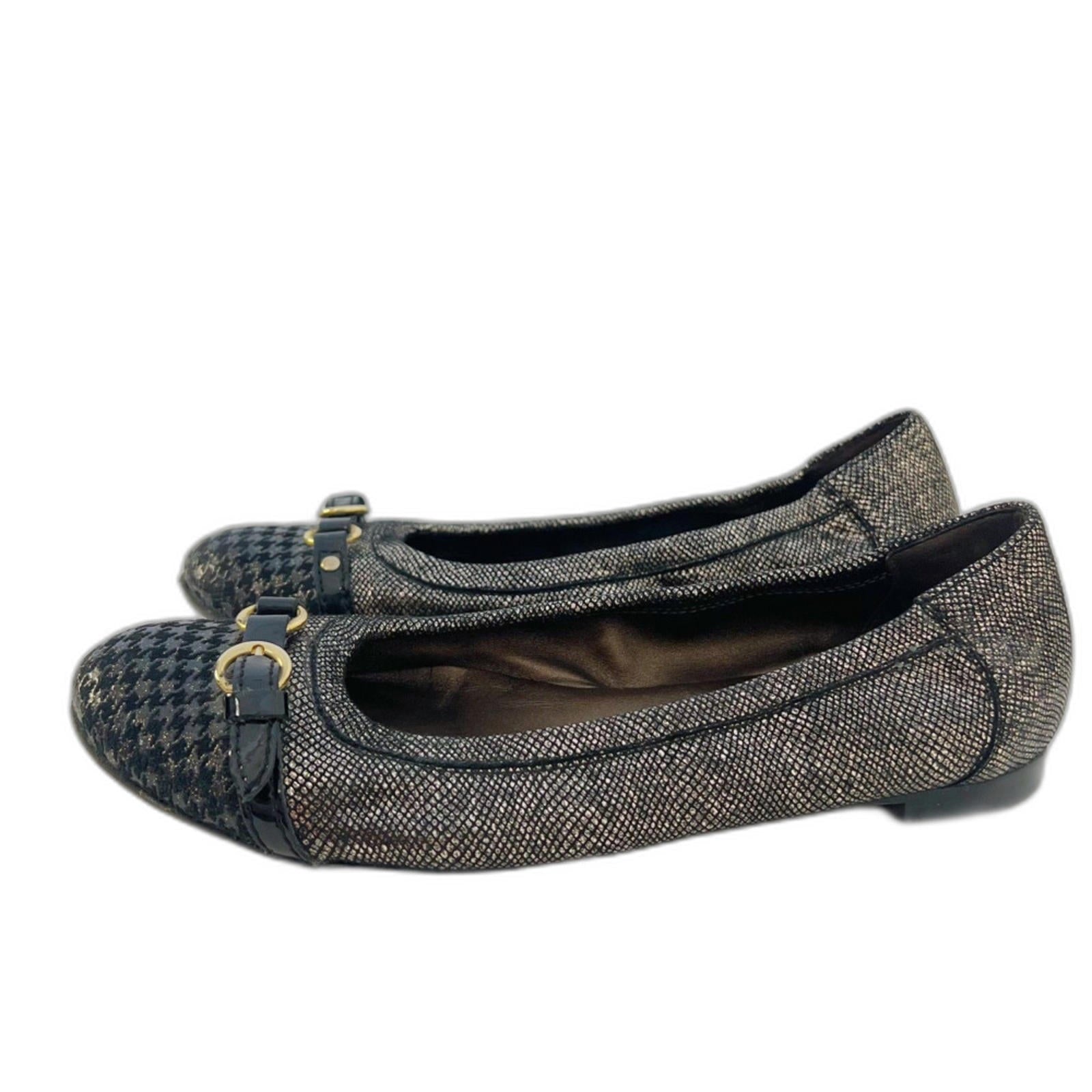 AGL Attilio Giusti Leombruni Black Gold Houndstooth Cap Toe Ballet Flat Size 8.5