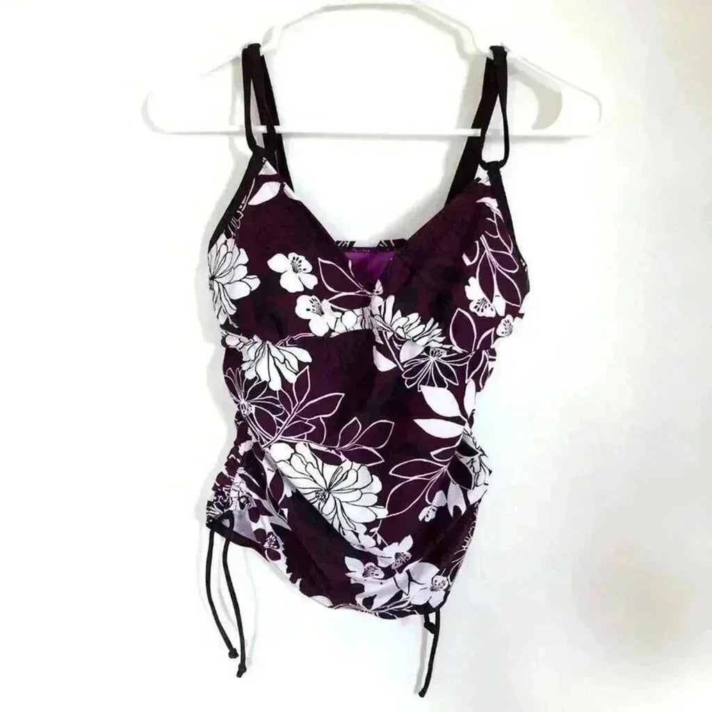 Athleta Purple Floral Ruched Tankini / Bikini Top