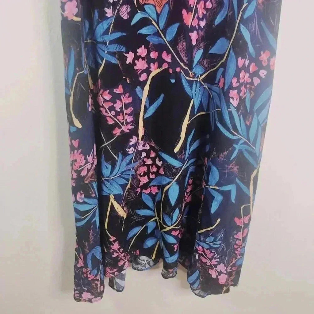 Anthropologie Maeve Cold Shouldered Navy Blue Pink Floral Dress Women's Size 6