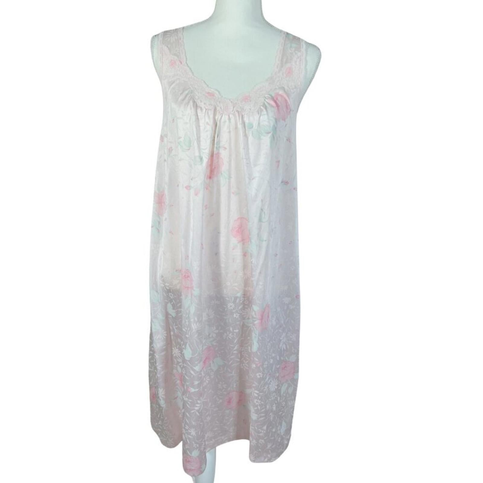 Vintage Vanity Fair Pink Floral Satin Night Gown Lace Coquette Ballerina Size M