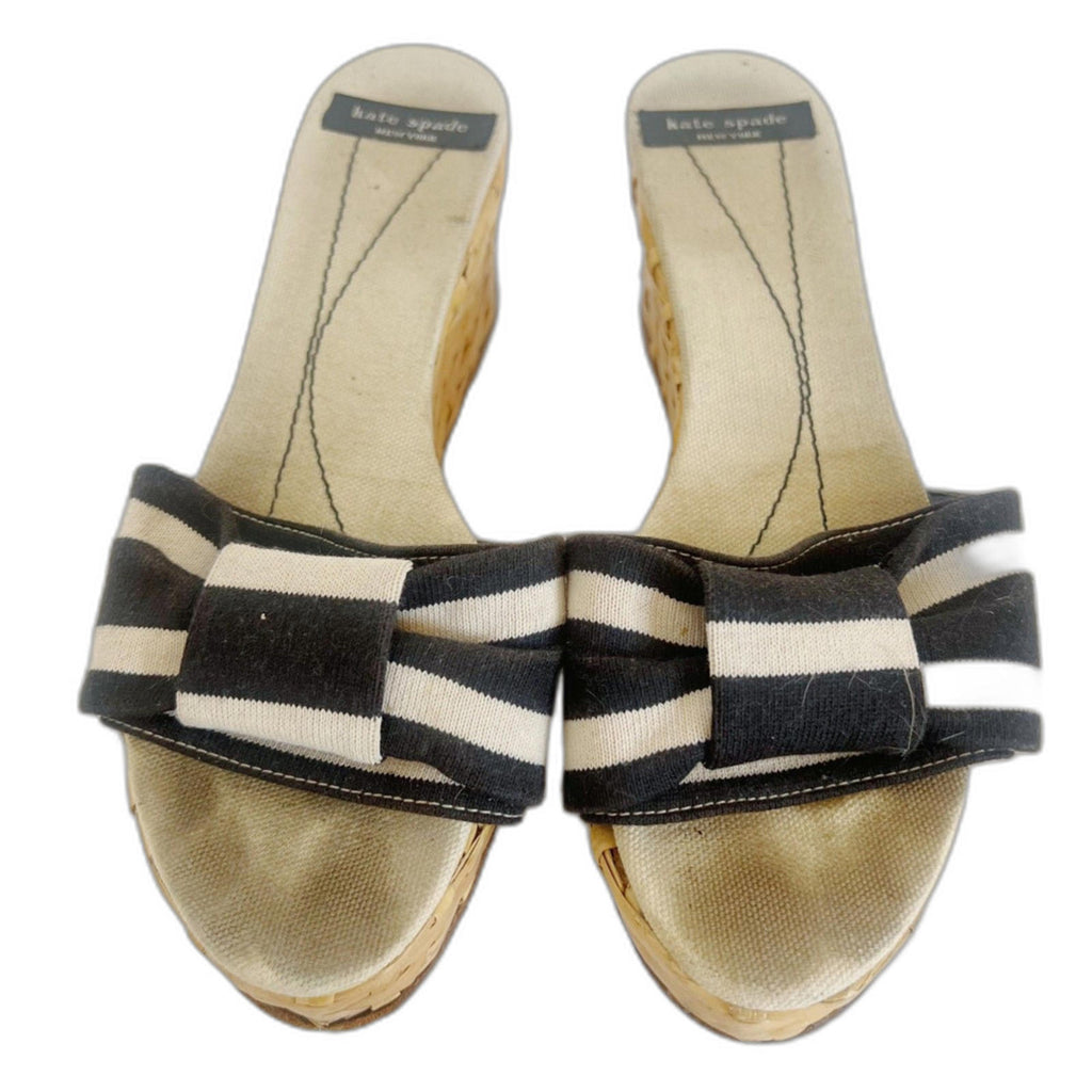 Kate Spade Women's Woven Platform Sandal Black White Striped Bow Size 6