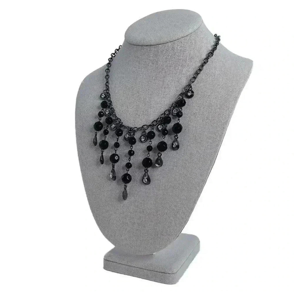 Gunmetal Teardrop Necklace Black Beads Rhinestones Bohemian Chic
