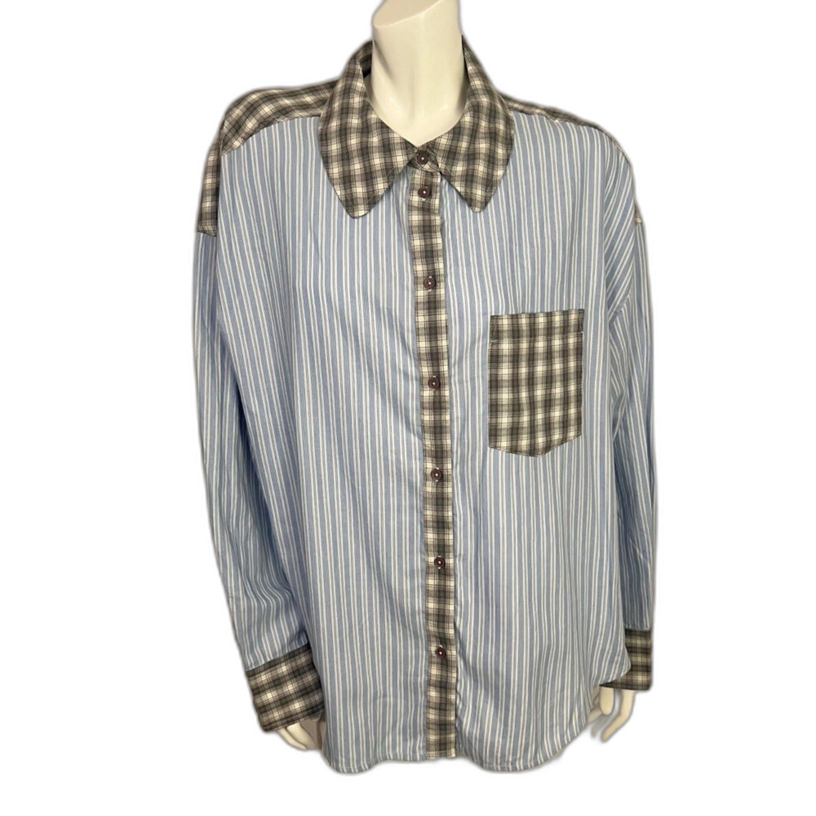 Out From Under Urban Outfitters Blue Pinstripe Grey Plaid Button Up Size L