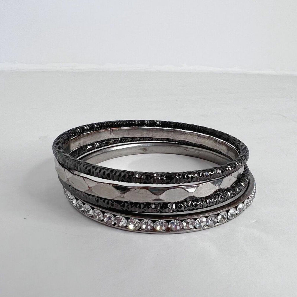 Silver and Gunmetal Black Bangle Set Distressed Grunge Boho