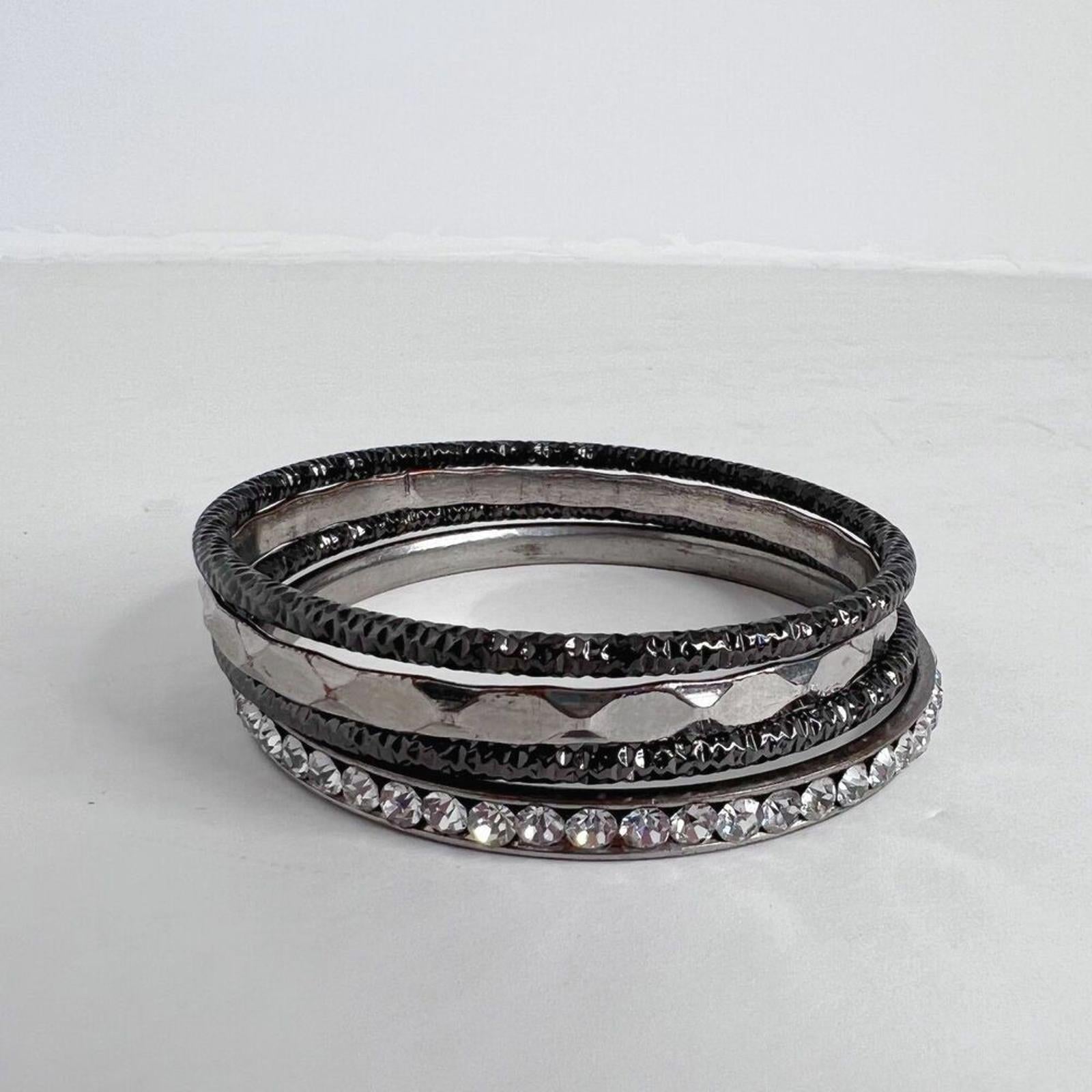 Silver and Gunmetal Black Bangle Set Distressed Grunge Boho
