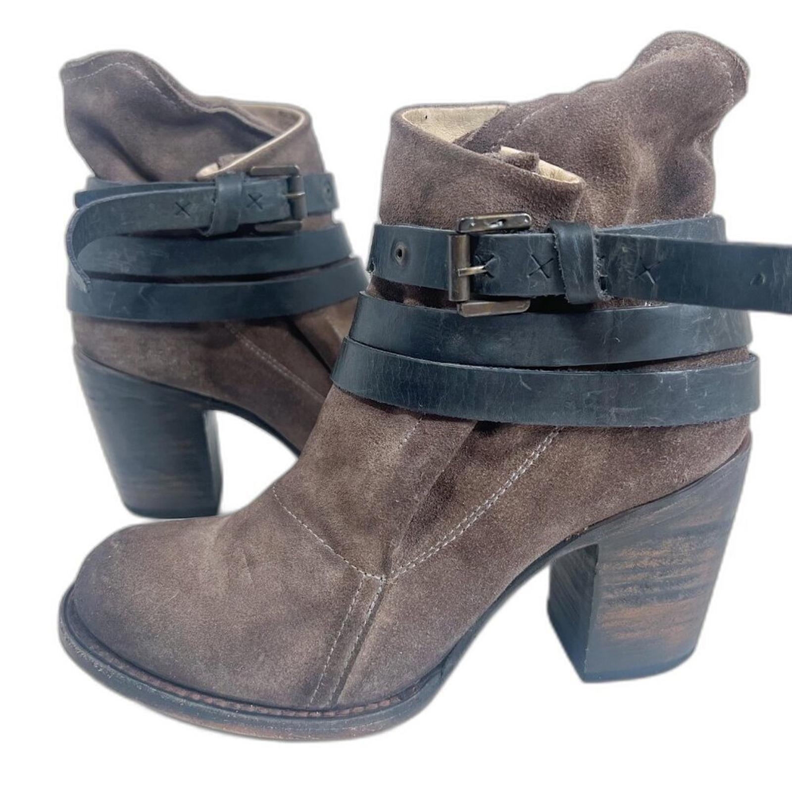 Freebird Blaze Brown Leather Booties Black Buckle Heeled Ankle Boot Size 9