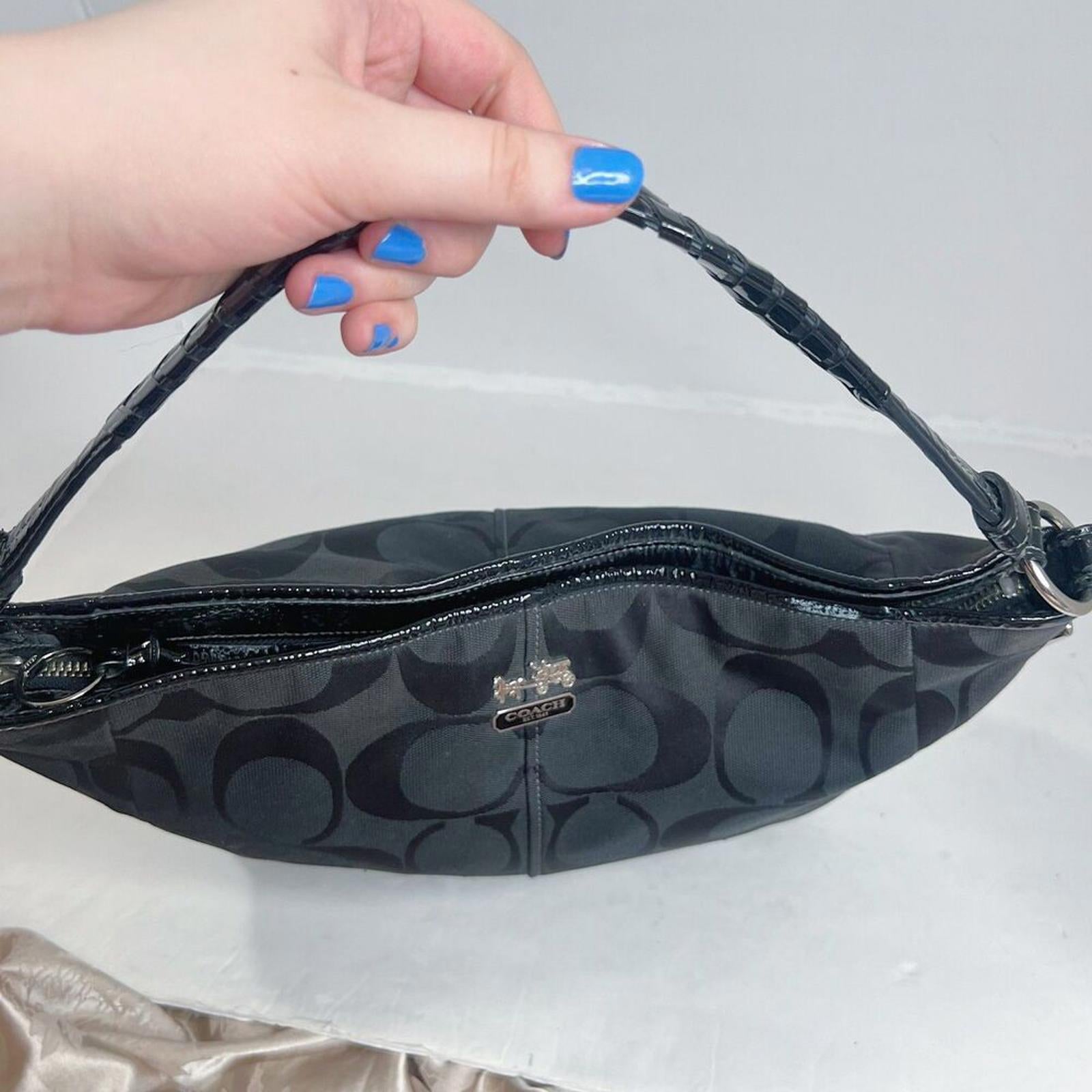 Coach Katarina Black Signature Monogram Hobo Bag Patent Leather Shoulder Bag