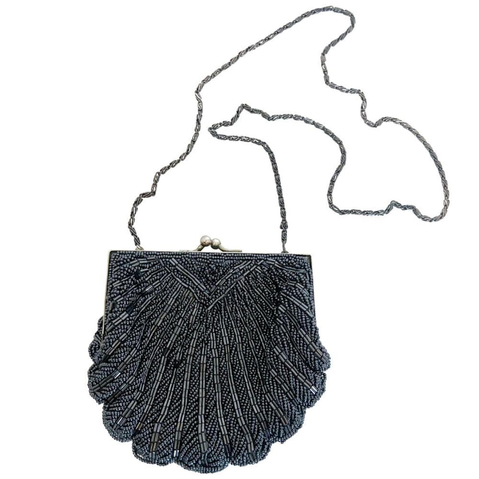 Vintage 80s La Regale Gunmetal Beaded Bag Clamshell Evening Bag Clutch