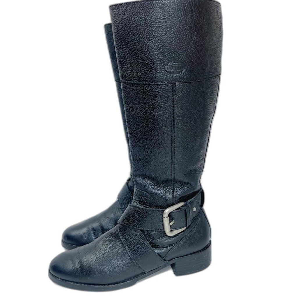 Fossil Black Pebbled Leather Riding Boots Knee High Boots Old Money Size 10
