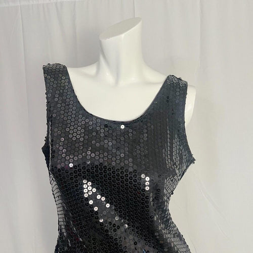 90s Vintage Glenrob Black Sequined Bodycon Dress LBD Women's Size 11-12