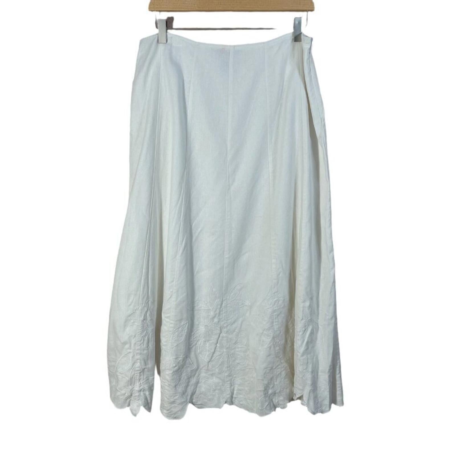 y2k Vintage White Linen Floral Embroidered Maxi Skirt Women's Size 8