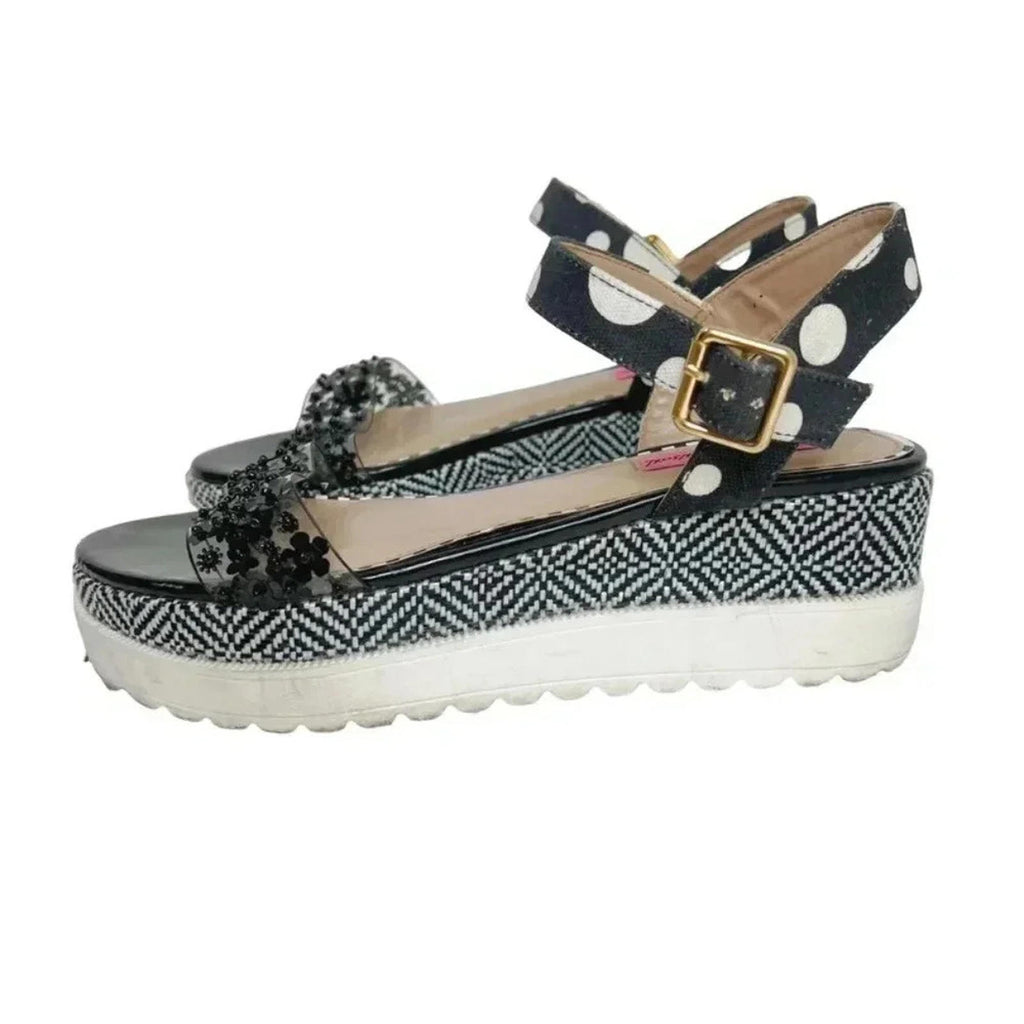 Betsey Johnson Faegan Wedge Sandal Black and White Women's Size 9.5