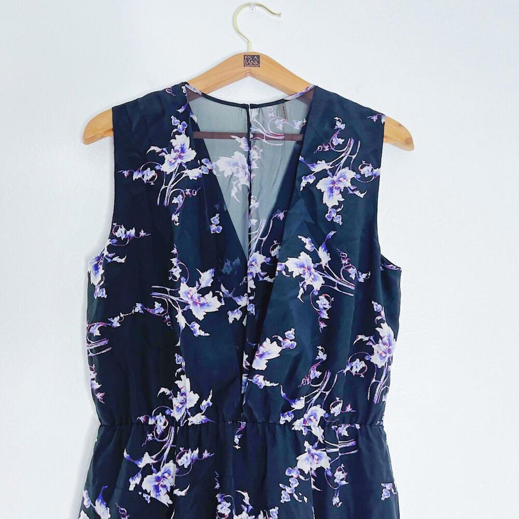 Rebecca Taylor Silk Black and Purple Floral A Line Dress V Neck Spring Summer