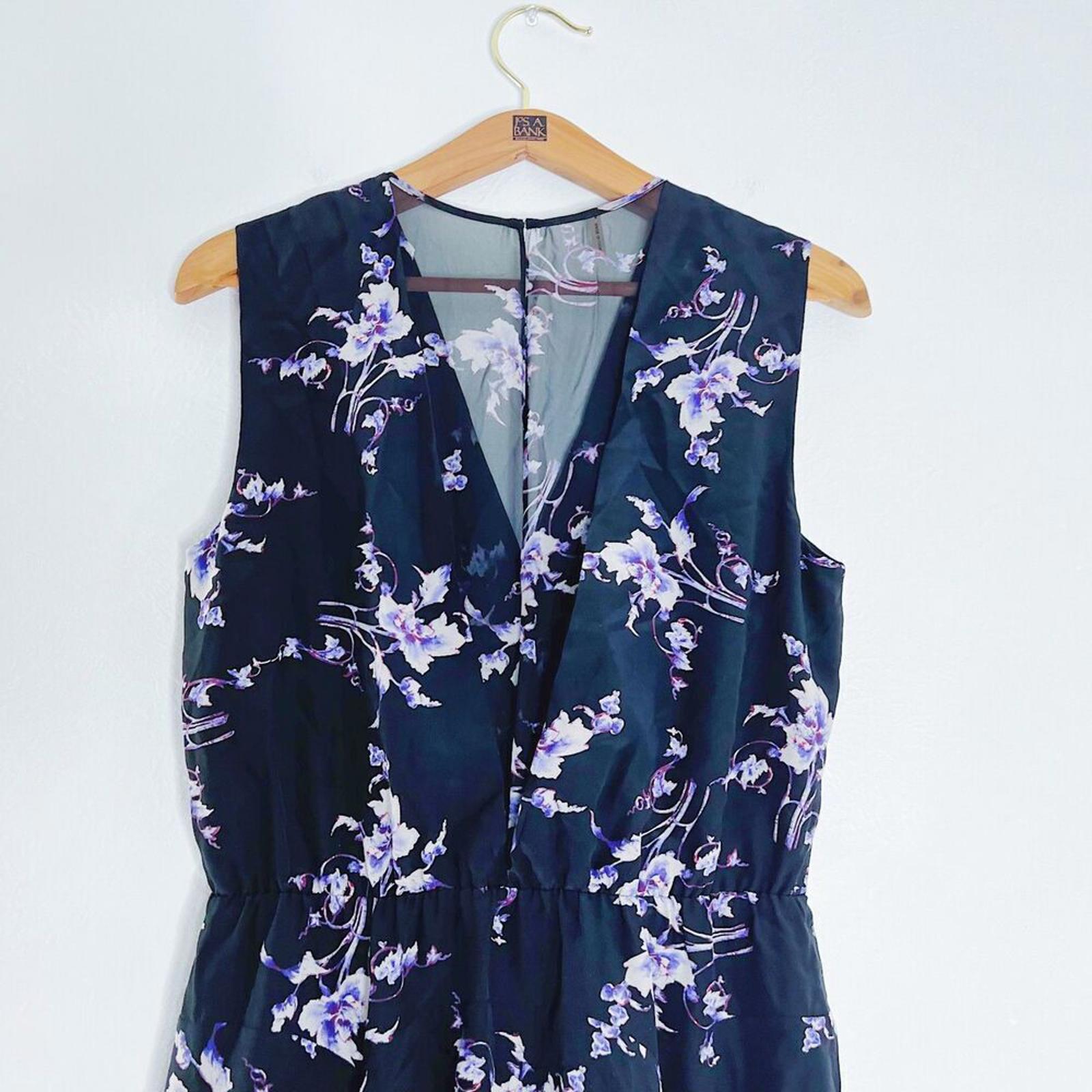 Rebecca Taylor Silk Black and Purple Floral A Line Dress V Neck Spring Summer