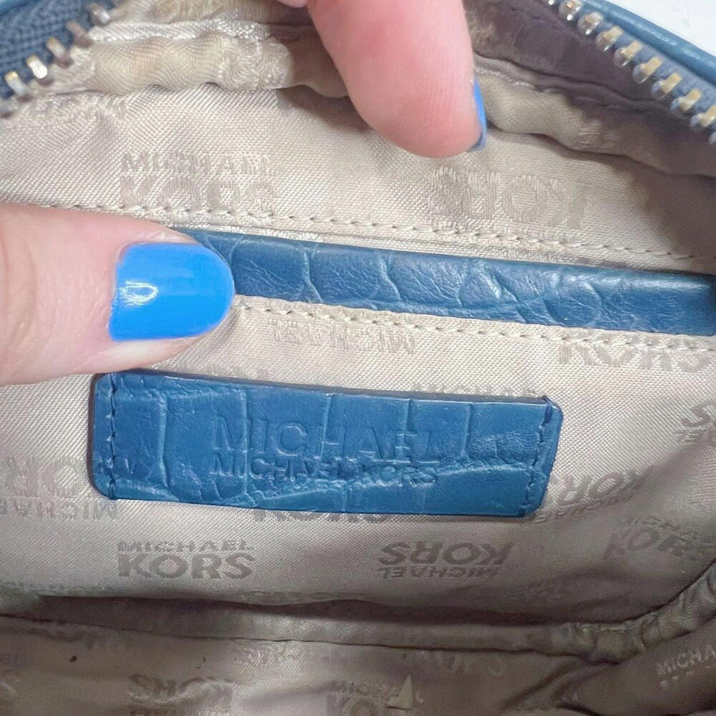 Michael Kors Blue Crocodile Embossed Leather Silver Chain Crossbody Bag Purse