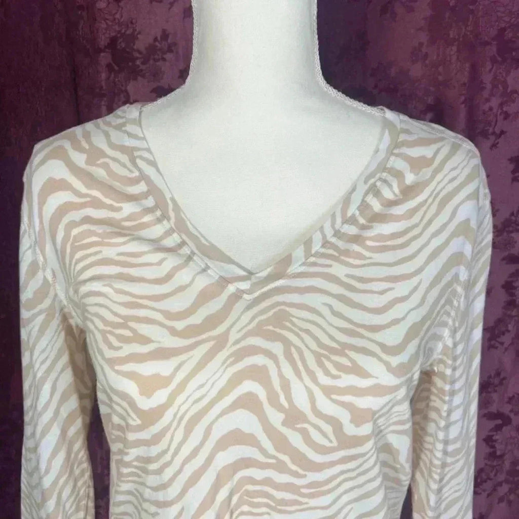 Rails Beige Zebra Print Long Sleeve Shirt V Neck Women's Size S Animal Print