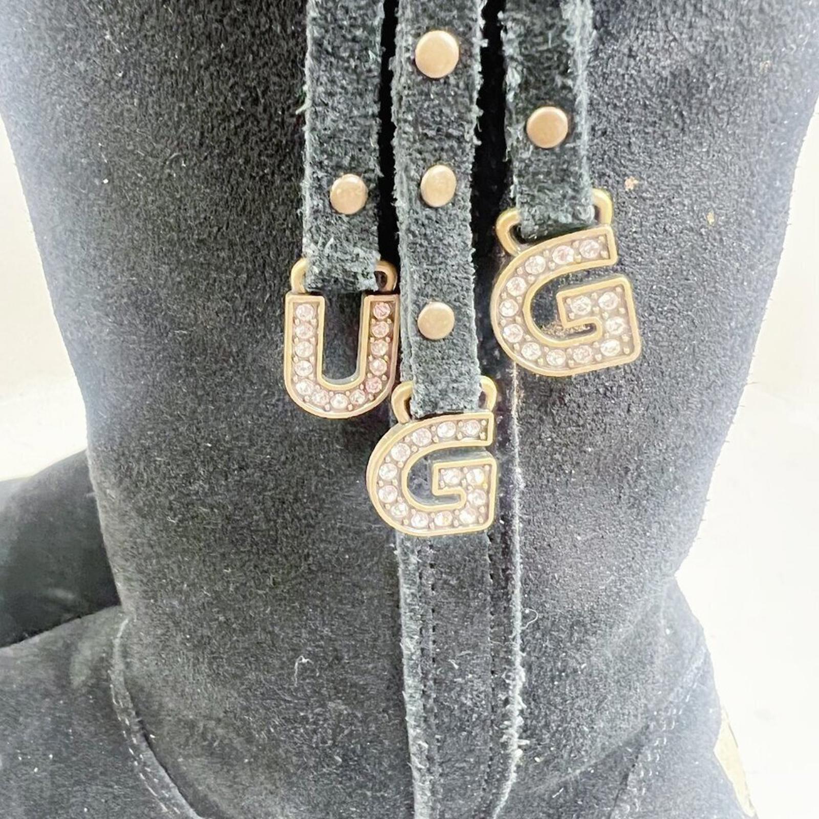 UGG Australia Larynn Black Shearling Boots Gold Rhinestone Charms Kids Size 4