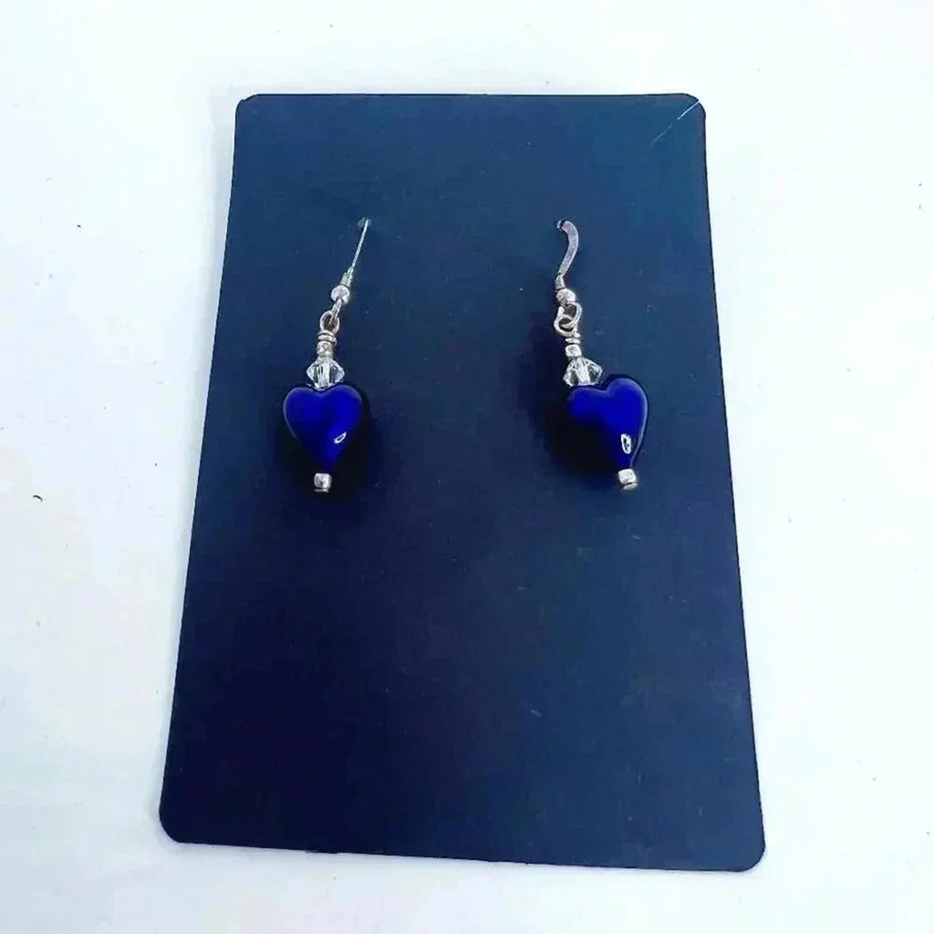 Blue Glass Heart Earrings Dangling Boho Chic Bohemian