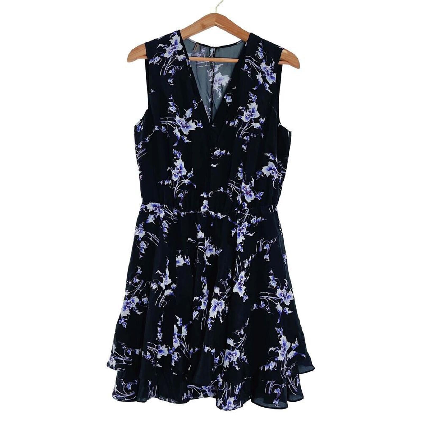 Rebecca Taylor Silk Black and Purple Floral A Line Dress V Neck Spring Summer
