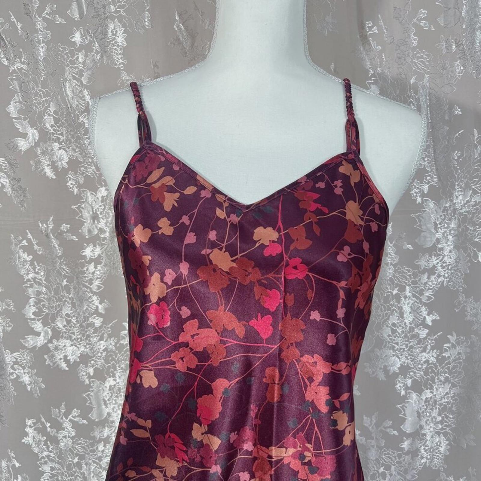 y2k Vintage Warner's Sleepwear Satin Plum Burgundy  Floral Slip Dress Size M