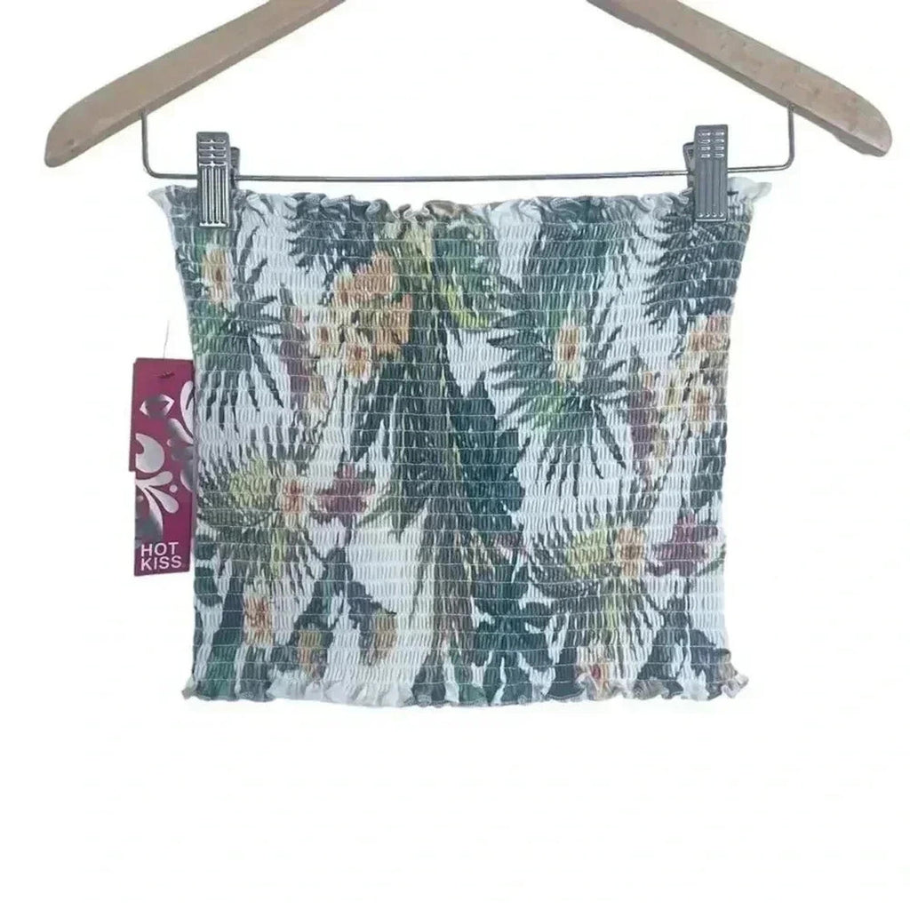NWT Hot Kiss Green White Tropical Smocked Tube Top Summer Beach Vacation Size M