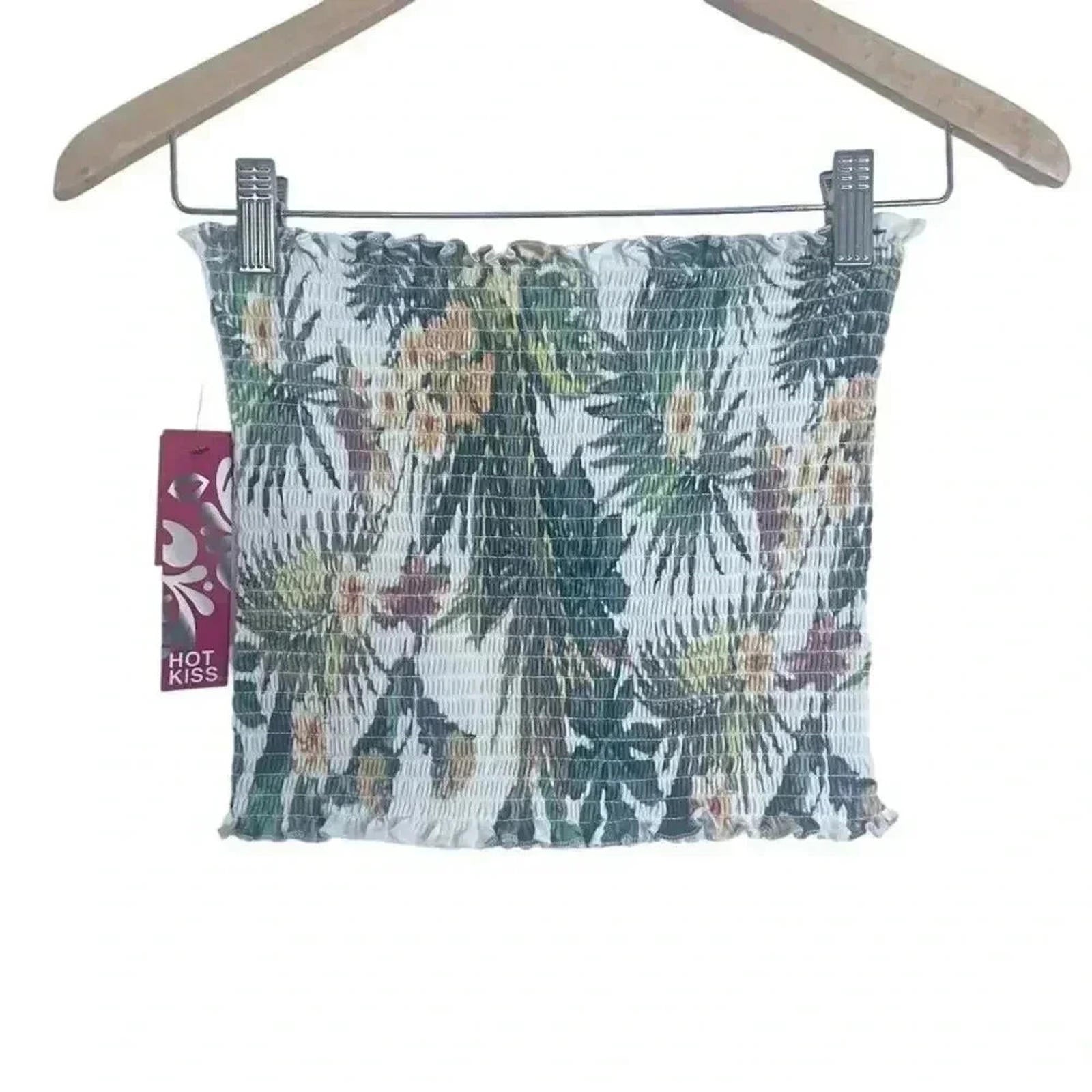 NWT Hot Kiss Green White Tropical Smocked Tube Top Summer Beach Vacation Size M