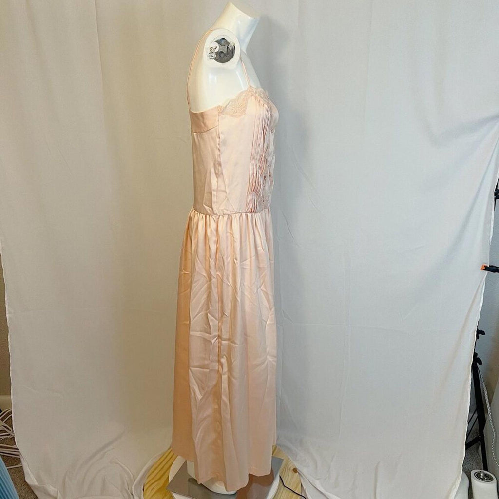 NWT 1970s Vintage Lily of France Light Pink Lace Satin Dress Gown Size S