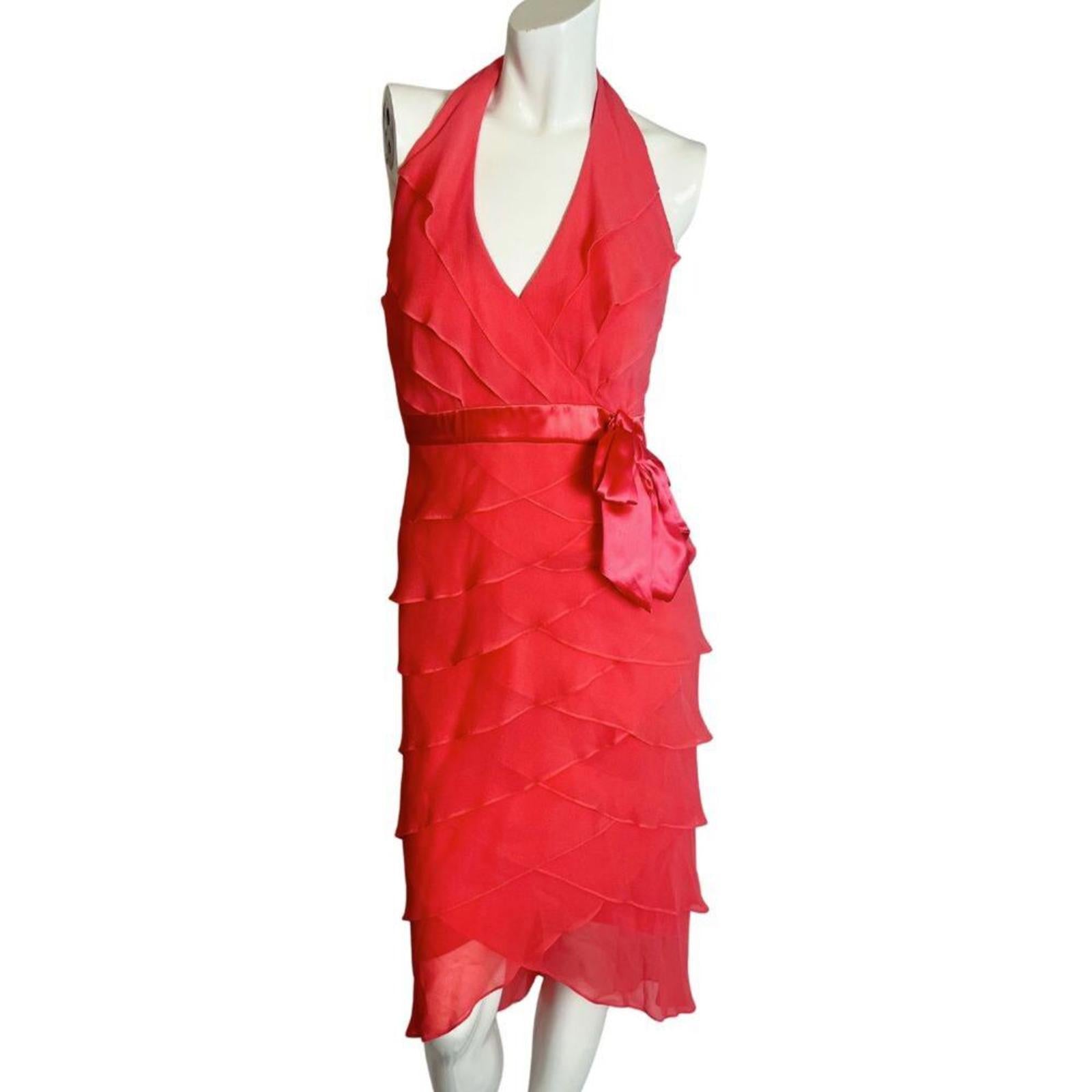 Vintage 90s y2k Lillie Rubin Coral Chiffon Ruffled Halter Neck Dress Size 2