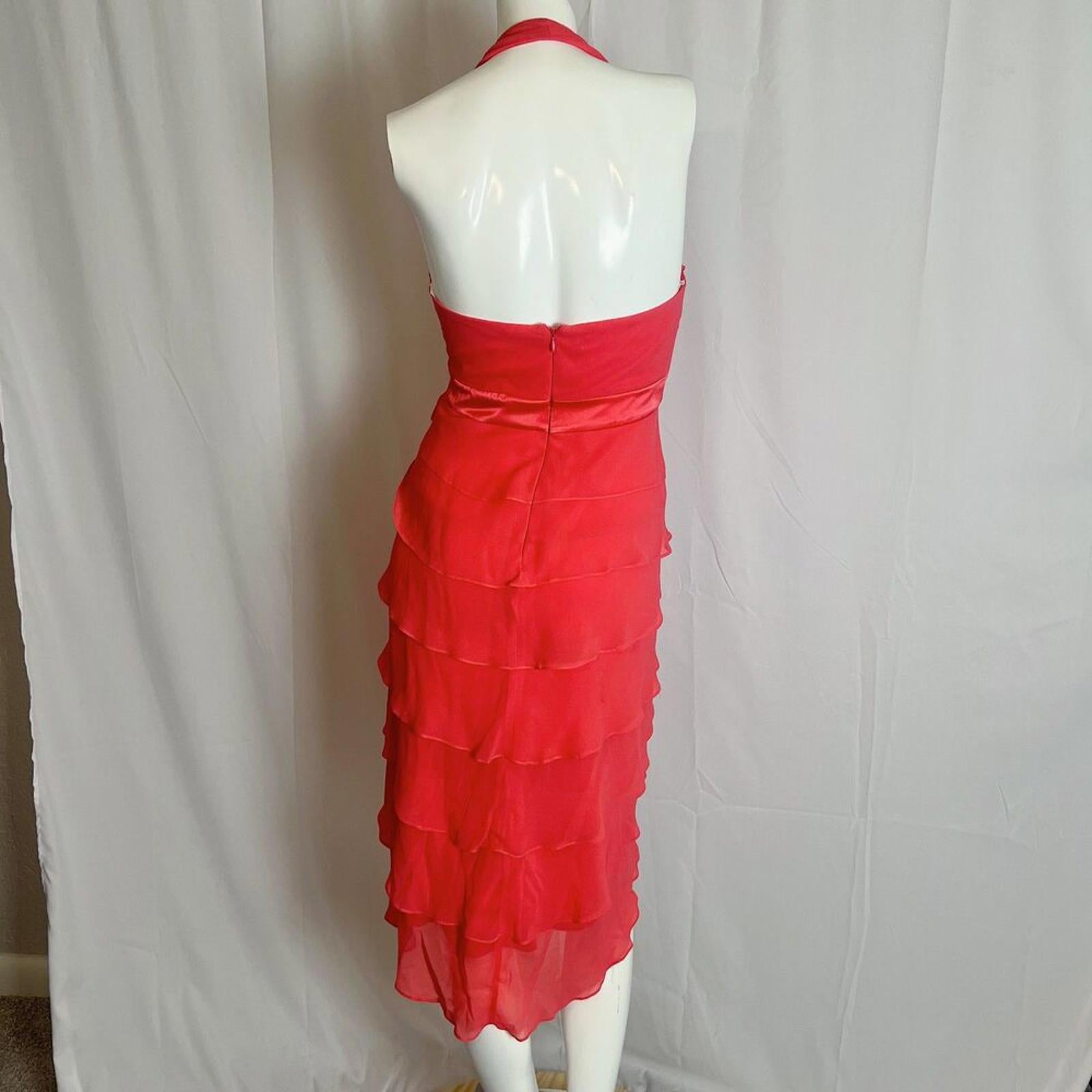 Vintage 90s y2k Lillie Rubin Coral Chiffon Ruffled Halter Neck Dress Size 2