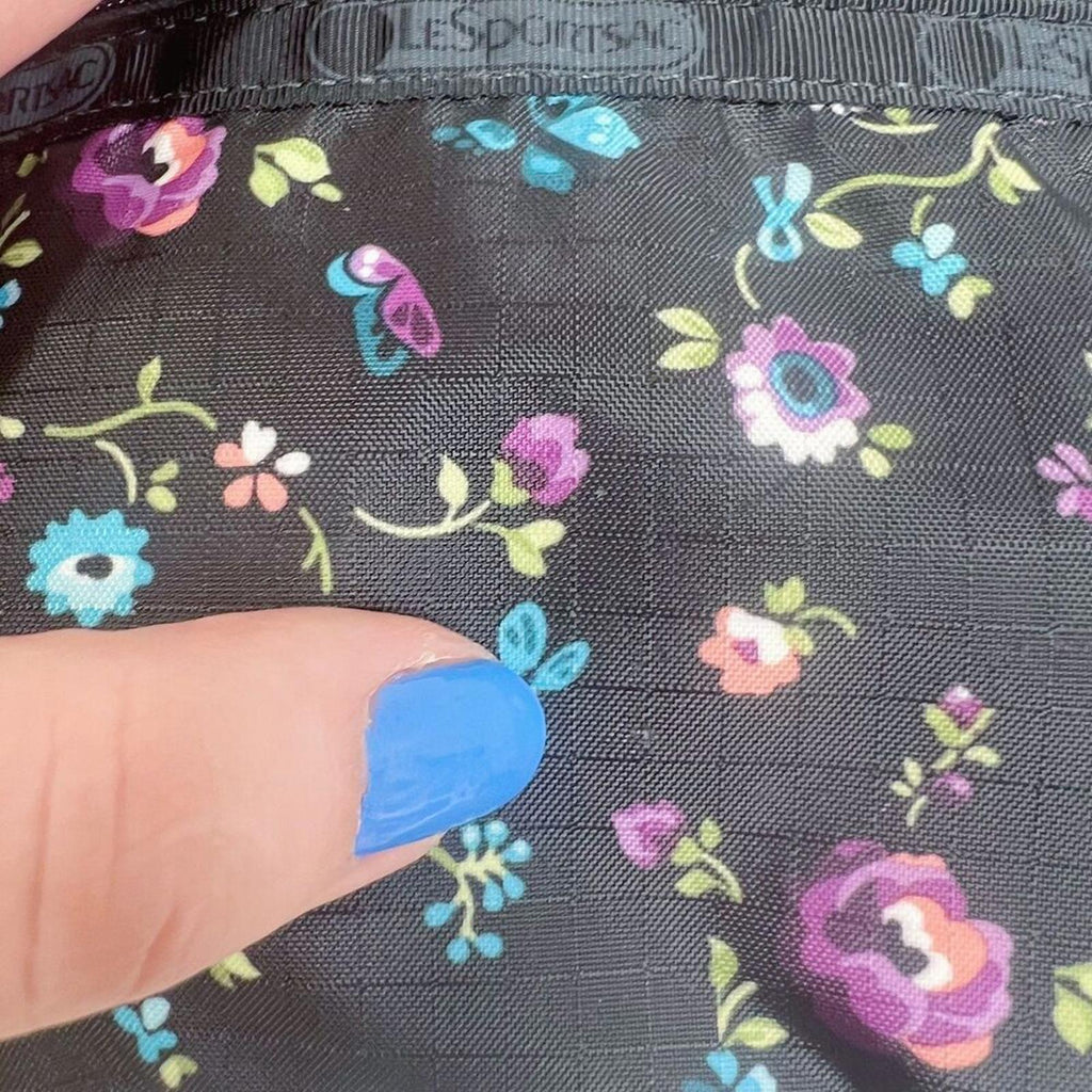 LeSportSac Black Purple and Blue Flowers Nylon Crossbody Bag Purse