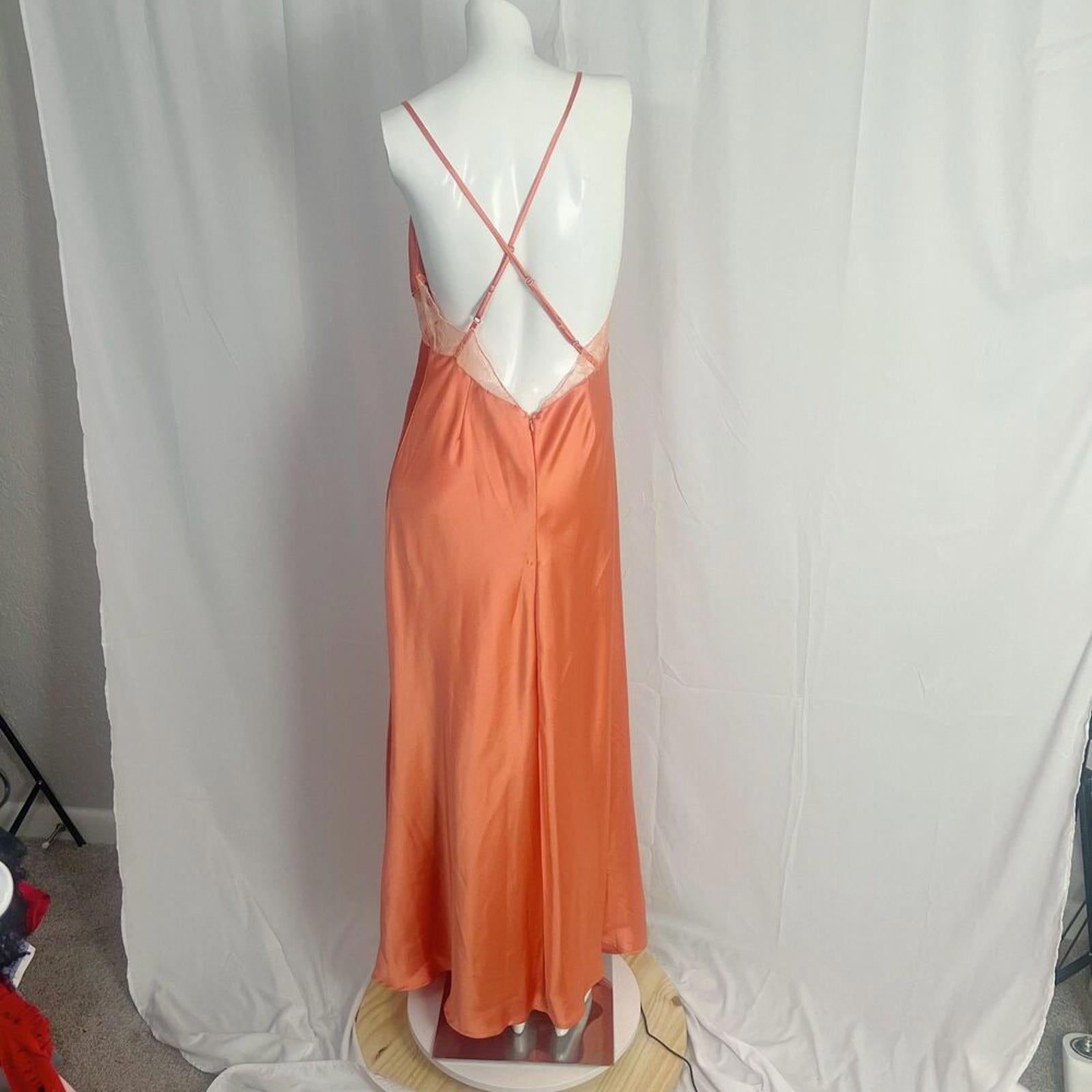 NWOT Forever 21 Salmon Orange Satin Slip Dress Lace Details Maxi Size XL