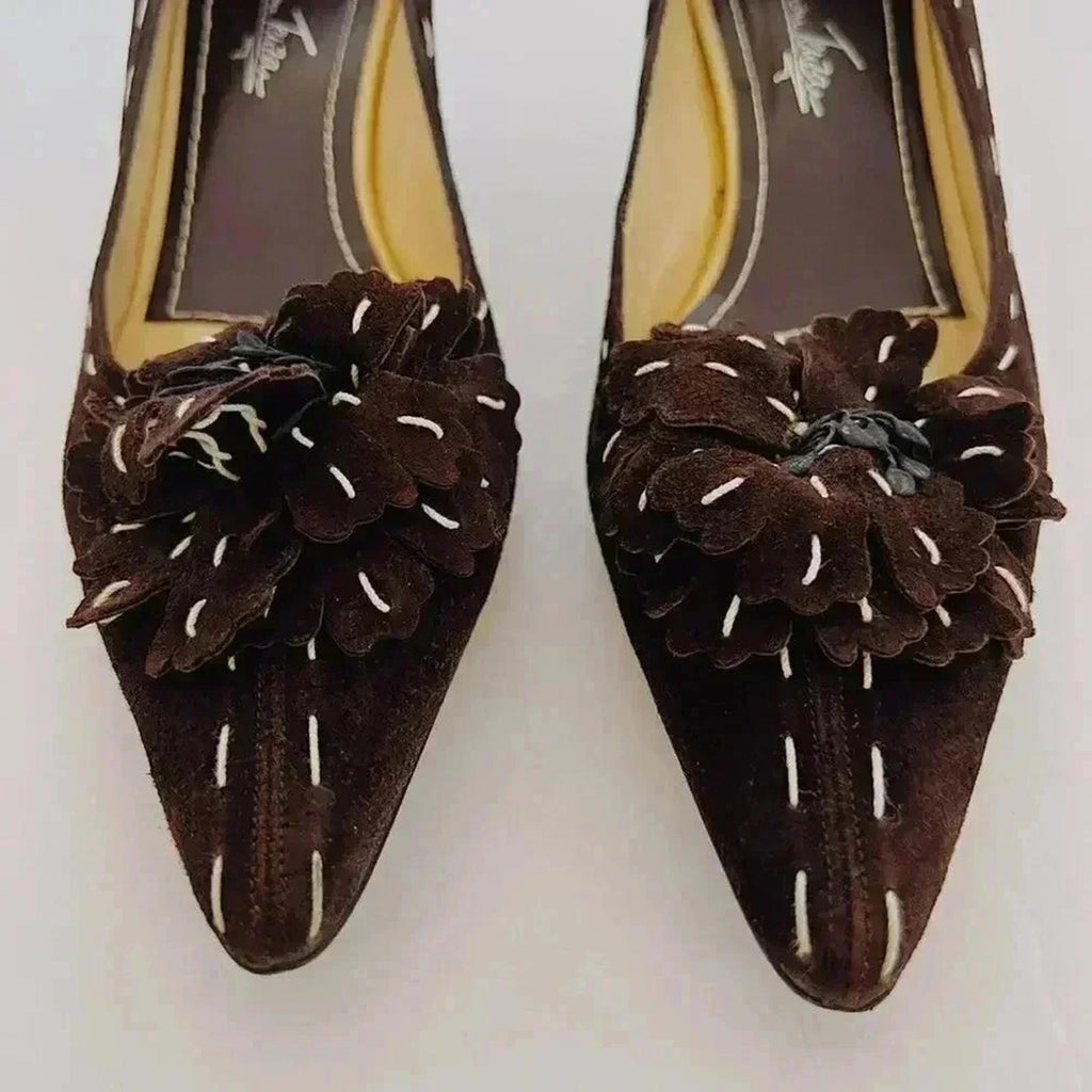 y2k Vintage Ramon Tenza Brown Suede Cream Pointed Toe Heels Flower Size 8.5