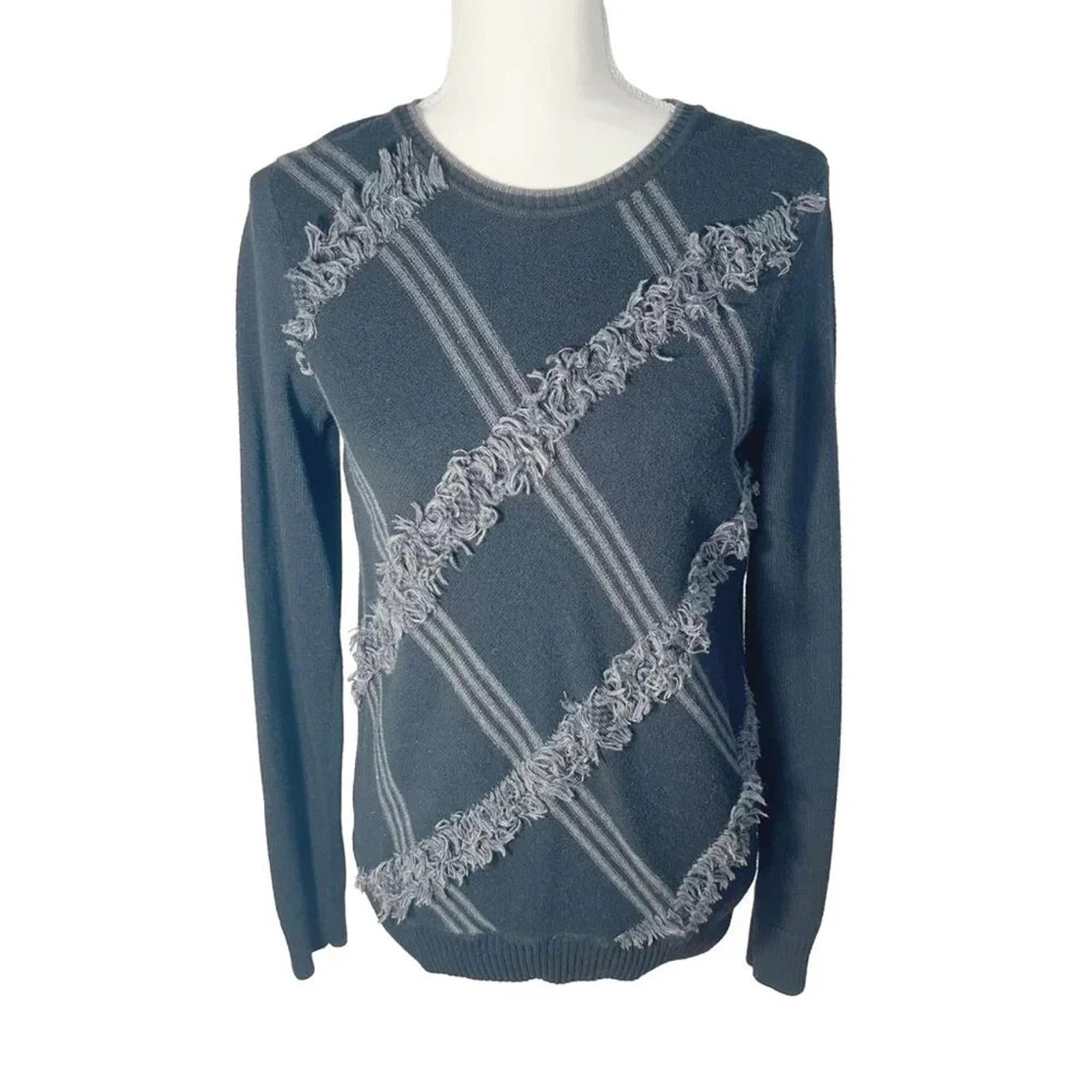Vintage Bass Black and Grey Plaid Sweater Fringe Women's Size M Grunge Punk