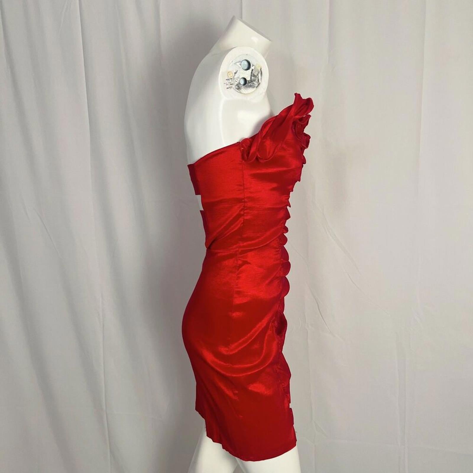 1980s Vintage La Scala Red Strapless Ruched Cocktail Dress Ruffled Top Size XL