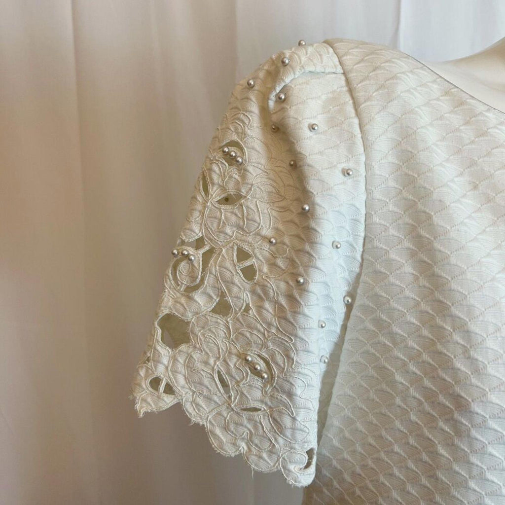 Vintage 1990s Mary McFadden Collection White Shift Dress Pearl Bridal Size 10