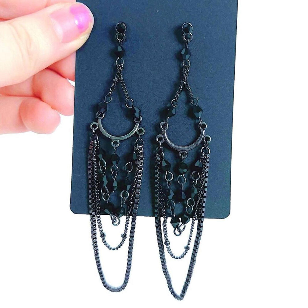 Gunmetal Chain Chandelier Earrings Black Beading Gothic Grunge Punk
