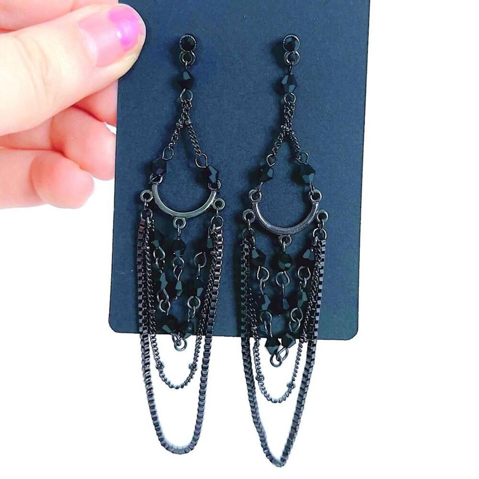 Gunmetal Chain Chandelier Earrings Black Beading Gothic Grunge Punk