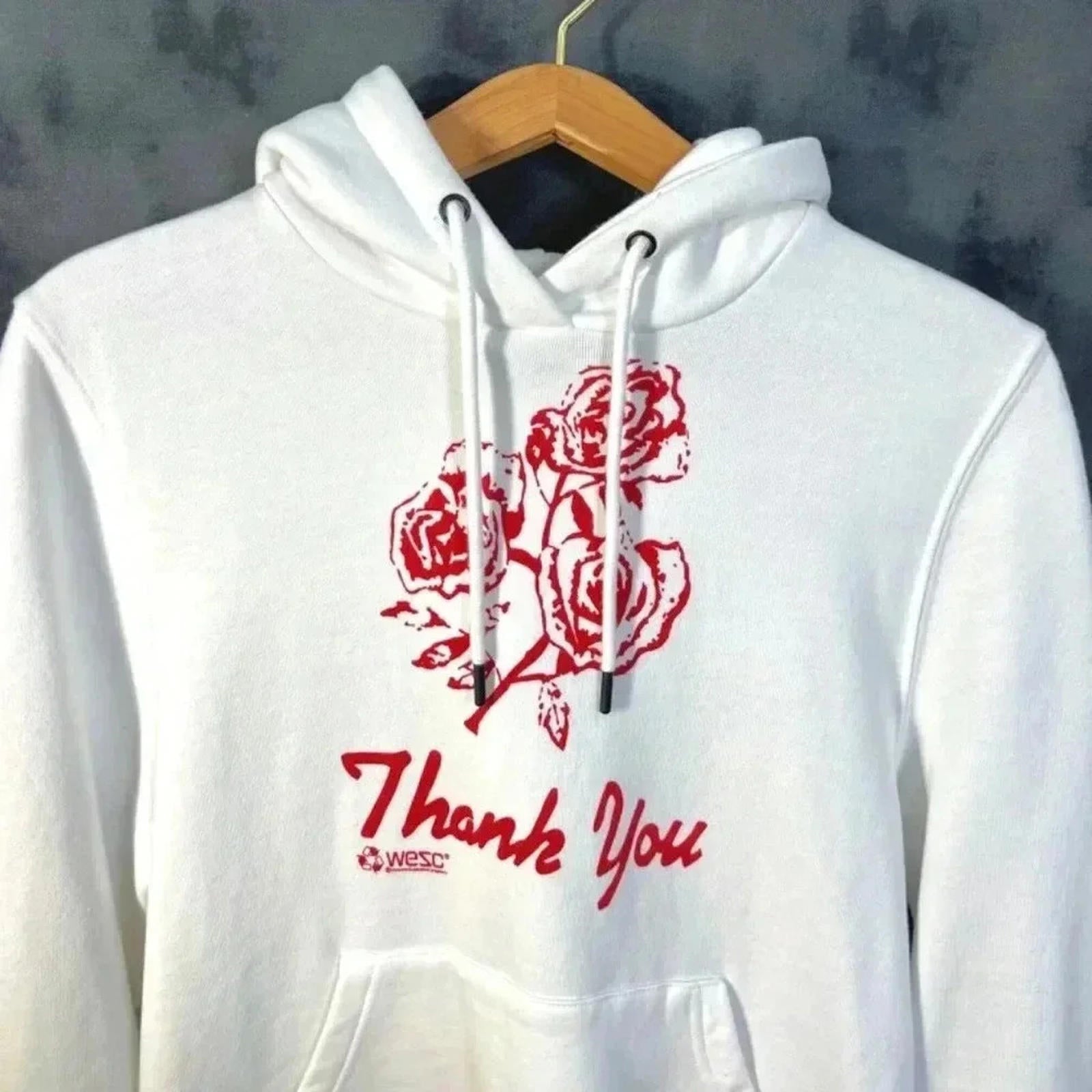 wesc White Thank You Fleece Lined Hoodie Roses Men's Size M