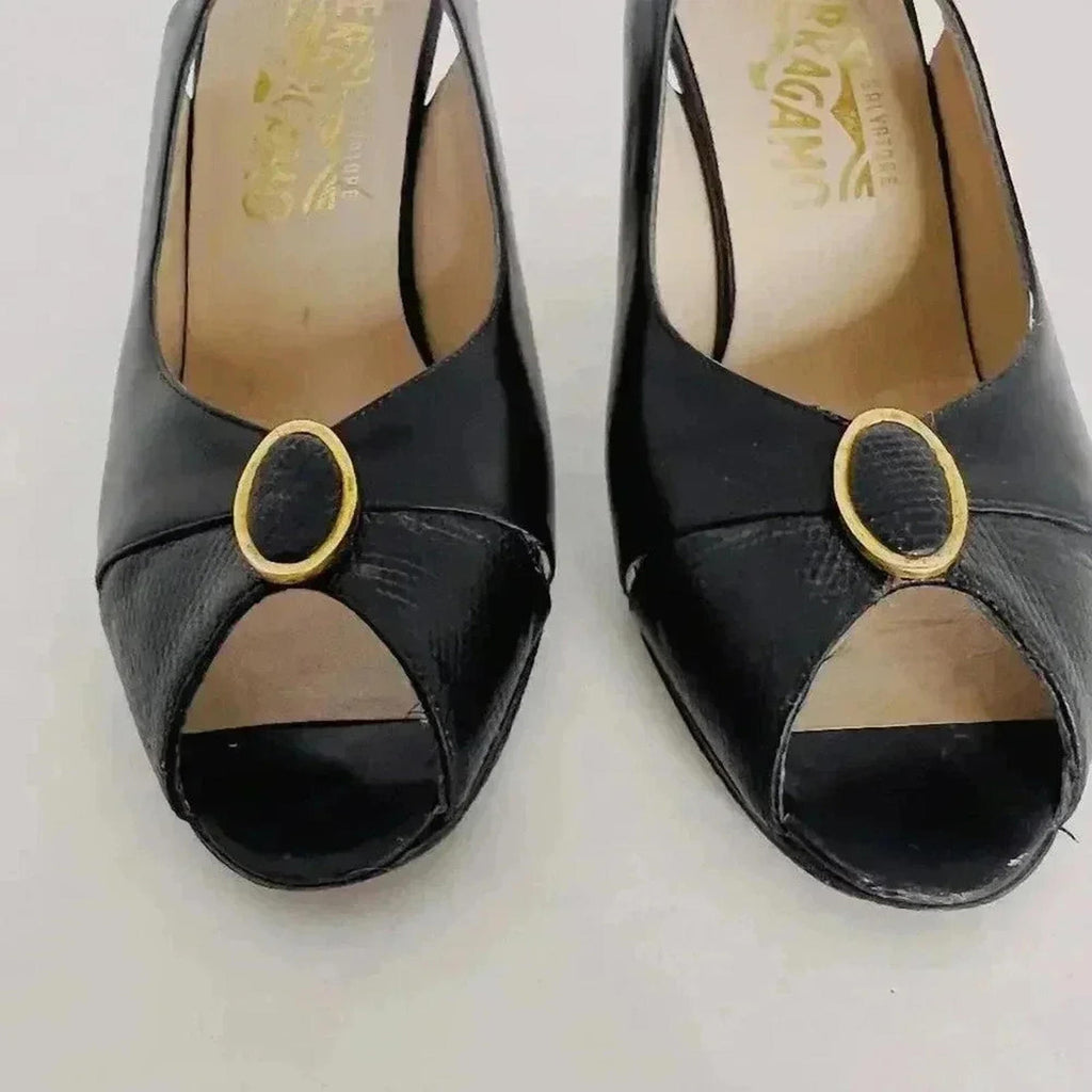 Ferragamo Vintage Leather Slingback Peep Toe Heels Gold Emblem Women's Size 6.5