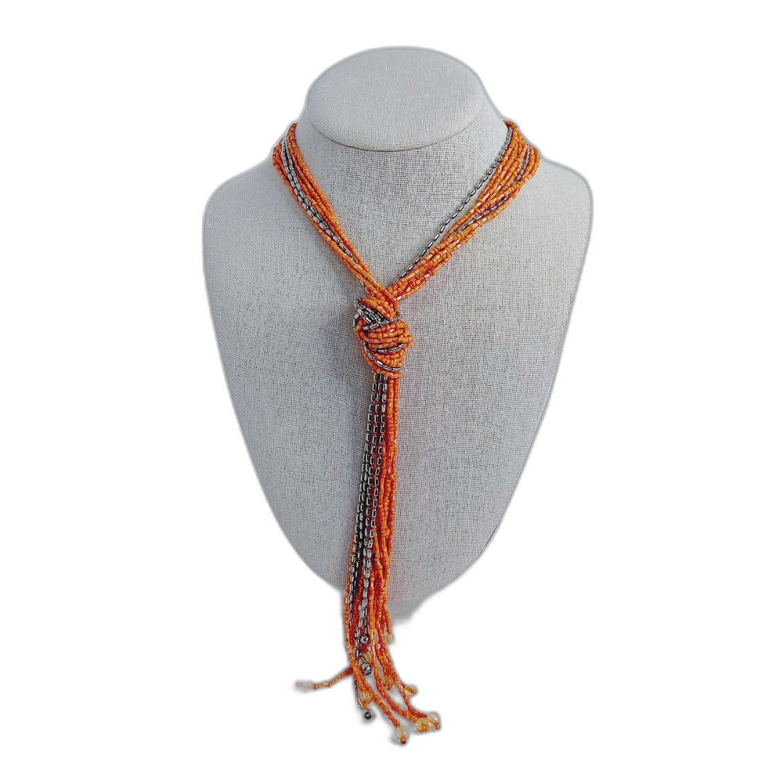 Vintage Orange Beaded Knotted Tassel Necklace Flapper Style Statement