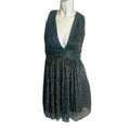 Lulus Ailey Gold and Teal Blue Metallic Skater Dress Women's Size M