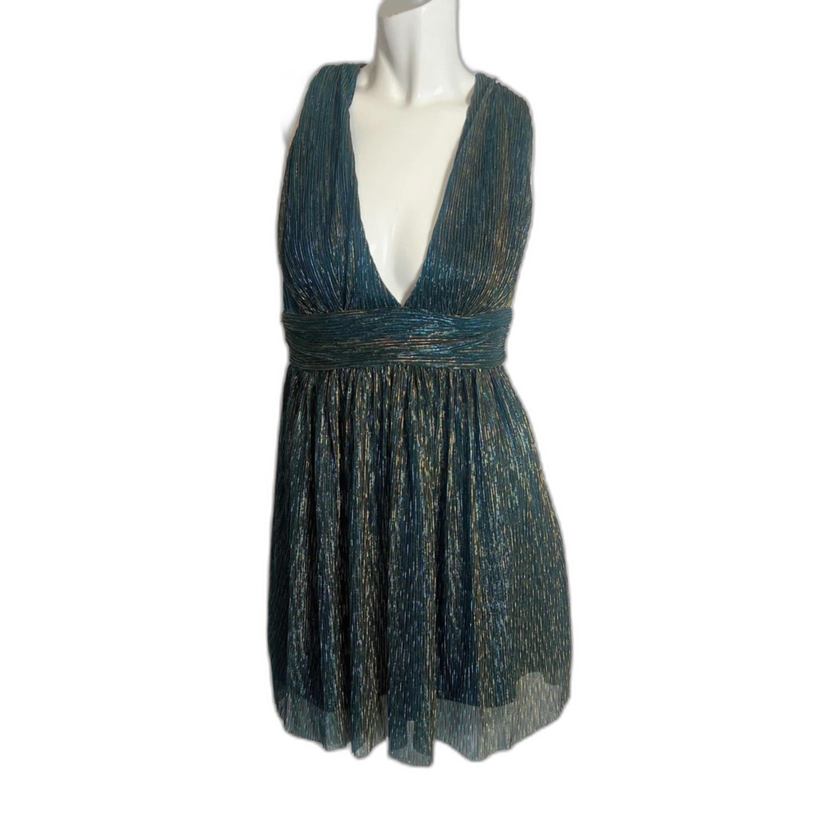 Lulus Ailey Gold and Teal Blue Metallic Skater Dress Women's Size M