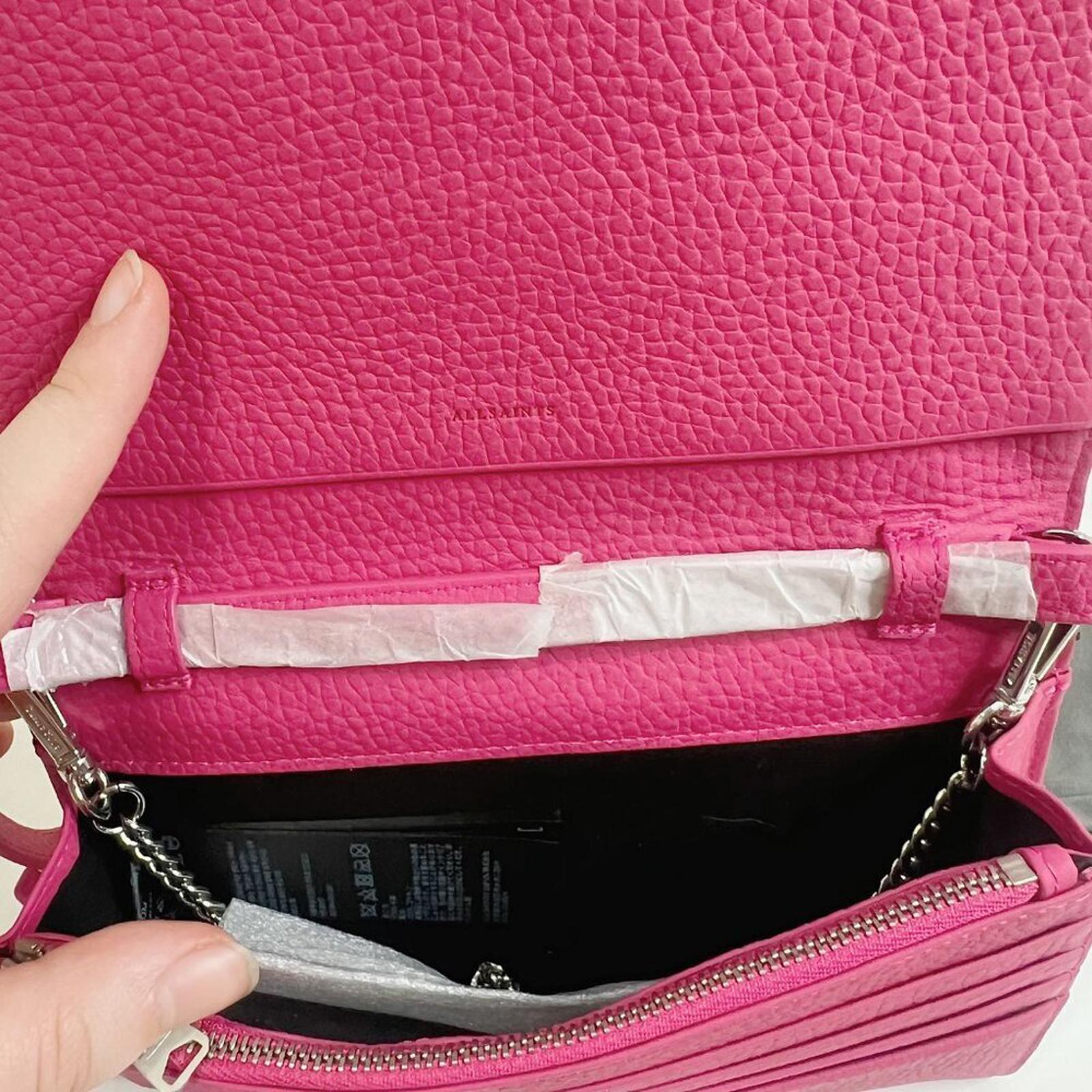 NWT AllSaints Fetch Pink Pebbled Leather Crossbody Wallet Chain Strap Bag
