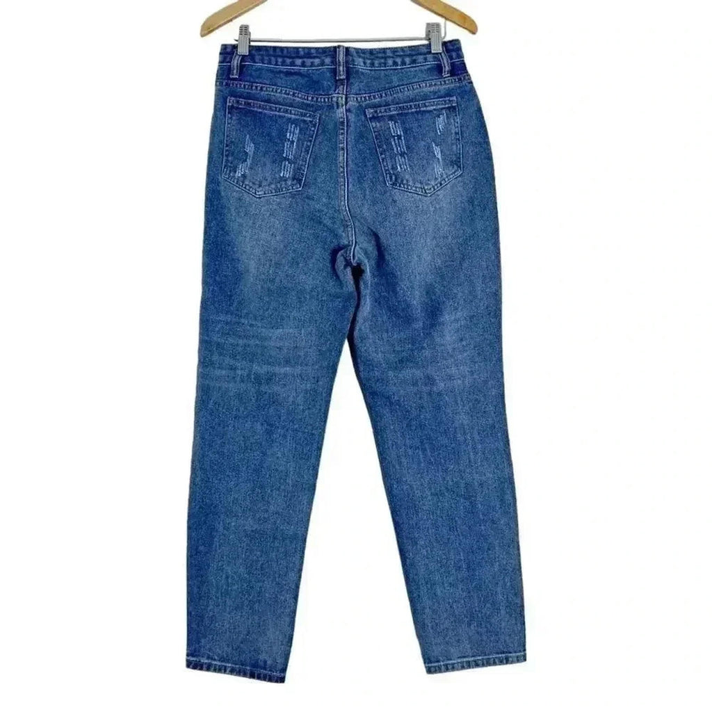 NWOT Distressed High Rise Mom Jeans Straight Leg Medium Wash Women's Size M