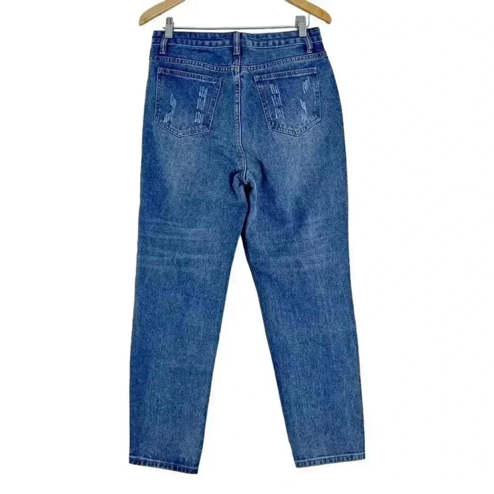 NWOT Distressed High Rise Mom Jeans Straight Leg Medium Wash Women's Size M