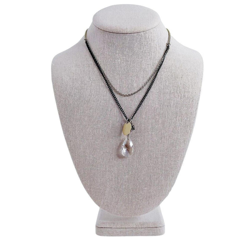 Vintage Double Stranded Chain Necklace Clear Rhinestone Pendant Boho Bohemian