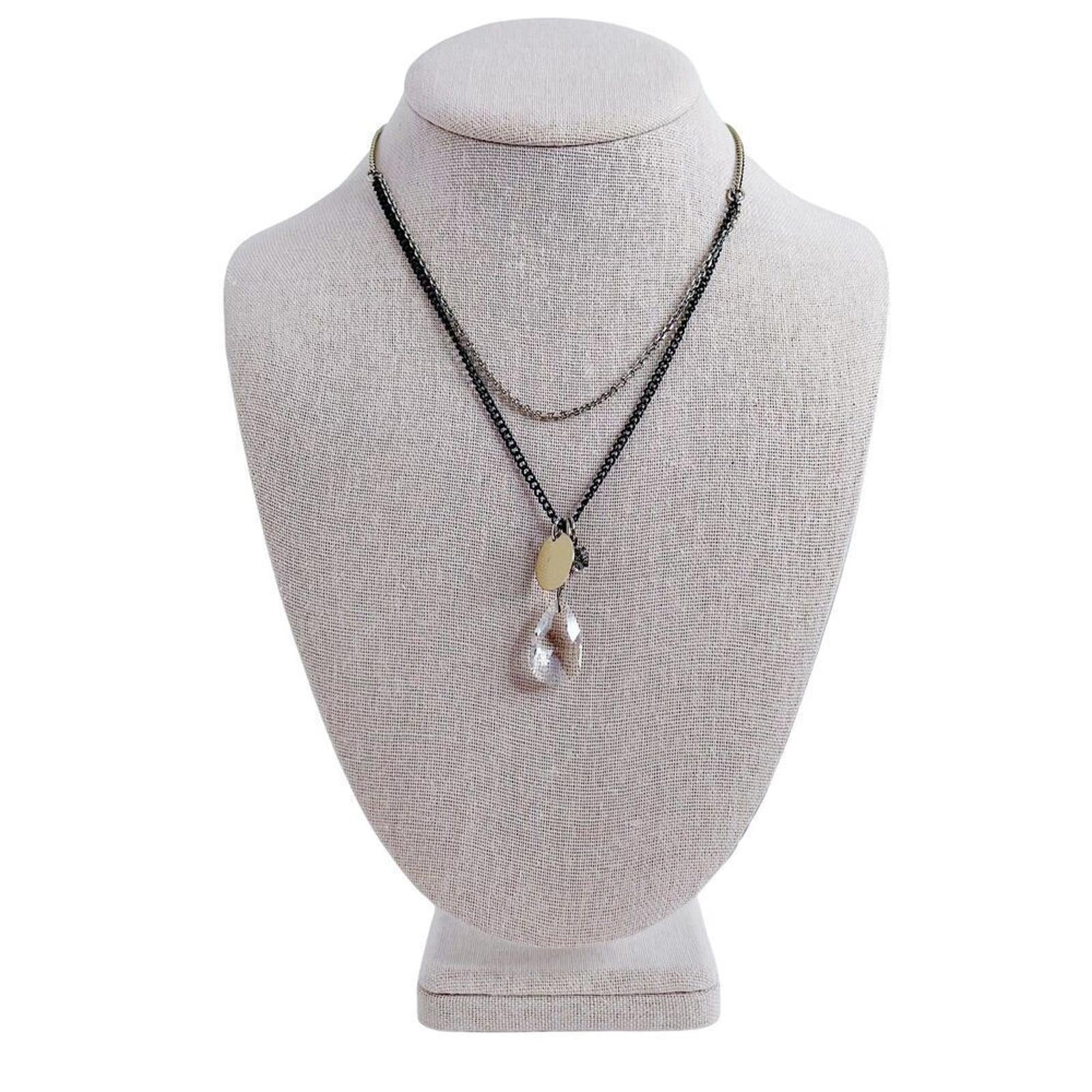 Vintage Double Stranded Chain Necklace Clear Rhinestone Pendant Boho Bohemian