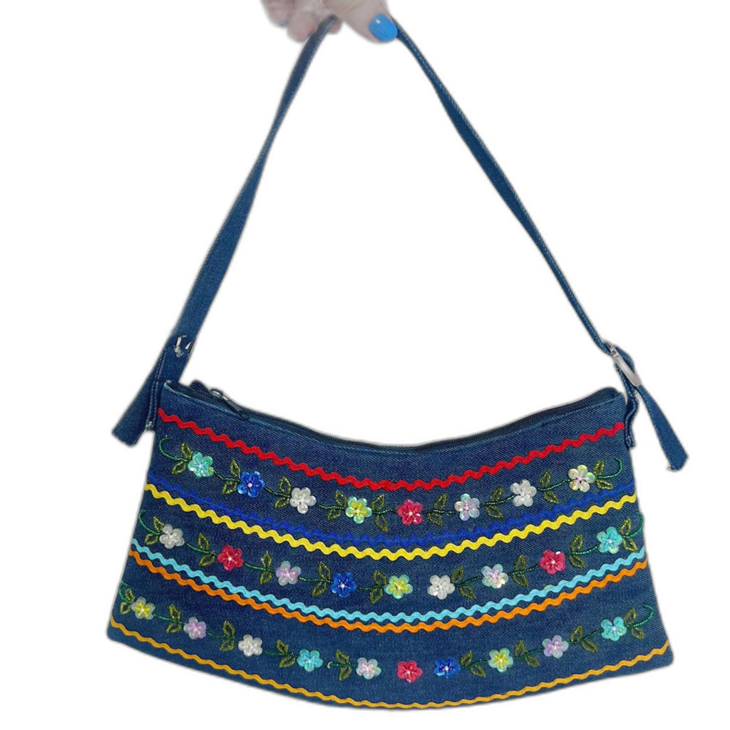 y2k Vintage Denim Floral Beaded Bead Embroidered Shoulder Bag Purse
